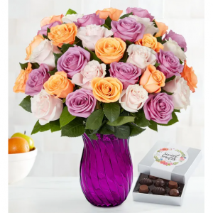 冰糕玫瑰：36枝紫色花瓶和巧克力