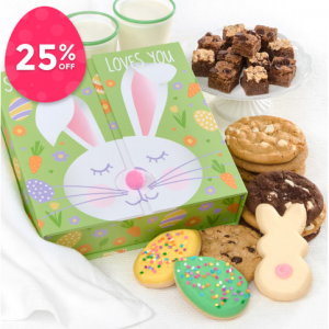 害羞的兔子书盒 8 块原味饼干、12 块布朗尼饼干、1 块糖霜兔子、2 块糖霜复活节彩蛋