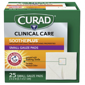 Curad SoothePLUS Gauze Pads with ARM & HAMMER Baking Soda, 2" x 2", 25 count, White @ Amazon
