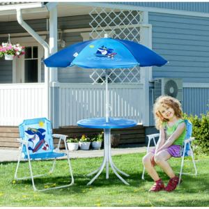 Outsunny Kids Picnic Table and Chair Set Shark Pattern with Height Adjustable Sun Umbrella