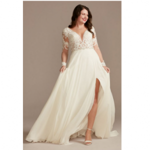 David's Bridal applique illusion chiffon plus size 长款开叉婚纱
