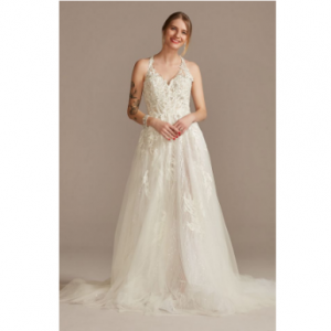 David's Bridal as is floral applique open V领婚纱