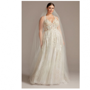 David's Bridal floral applique V领婚纱