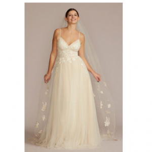 David's Bridal as is beaded lace applique V领婚纱