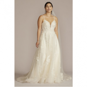 David's Bridal as is tulle appliqued corset V领婚纱