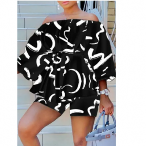 30% Off Black White Casual Print Patchwork Off the Shoulder Long Sleeve Two Pieces @ Know Fashion 