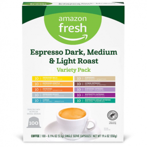 Amazon Fresh Espresso Dark, Medium & Light Roast Aluminum Capsules, 100 Count (10 Packs of 10)