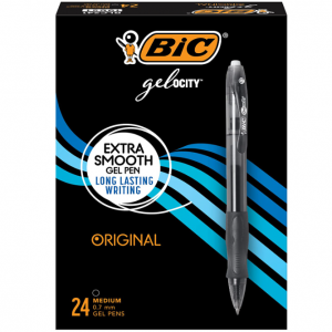 BIC Gel-ocity Original Black Gel Pens, Medium Point (0.7mm), 24-Count Pack @ Amazon
