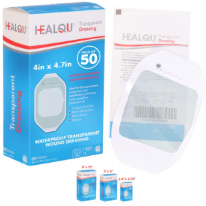 HEALQU Transparent Film Dressing,  4" x 4.7" Pack of 50 @ Amazon