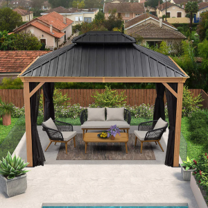 PURPLE LEAF Hardtop Gazebo For Patio Wood Grain Galvanized Steel Frame Awning With Netting