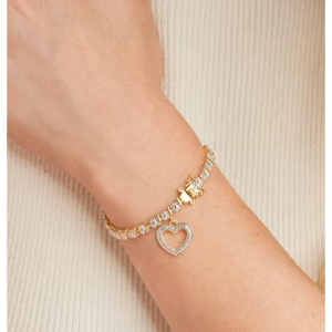 Forever Facets Women's 18K Yellow Gold Plated Diamond Accent Open Heart Charm Tennis Bracelet, 7.2