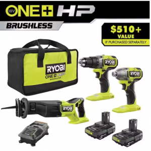 RYOBI ONE+ HP 18V Brushless Cordless 3-Tool Combo Kit with (2) 1.5 Ah Batteries, Charger, and Bag