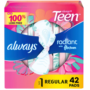 Always Radiant Teen Feminine Pads For Women, Size 1 Regular Absorbency, 42 Count @ Amazon