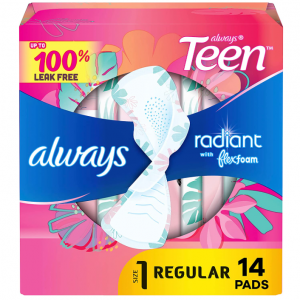 Always Radiant Teen Feminine Pads For Women, Size 1 Regular Absorbency, 14 Count @ Amazon