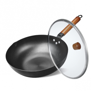 Hyoank Wok Pan, 12.6'' Flat Bottom Woks, Woks and Stir Fry Pans with lid, Carbon Steel Wok Suits