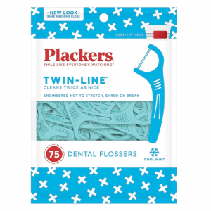 Plackers Twin-Line Dental Flossers, Cool Mint Flavor, 2X The Clean, 75 Count @ Amazon