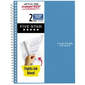 Five Star Small Spiral 2-Subject 6" x 9-1/2", 100 Sheets Notebook @ Amazon