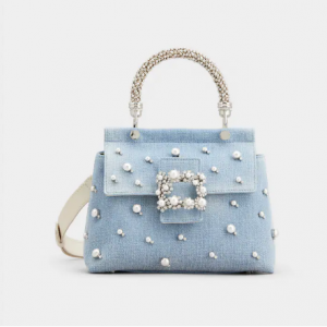 Roger Vivier - Viv' Cabas Jewel Flower Strass Pearl Buckle Mini Bag in Denim for $3995