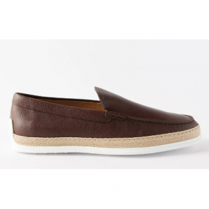 TOD'S Raffia-trim grained-leather loafers