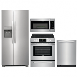 FrigidaireFRRERADWMW4243  4件套厨房电器套装，配有并排冰箱、电灶、洗碗机和不锈钢微波炉