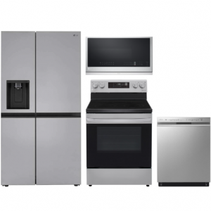 LG LGRERADWMW4102  4件套厨房电器套装，配有并排冰箱、电灶、洗碗机和不锈钢微波炉