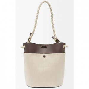 CHLOÉ Logo-plaque linen-twill and leather bucket bag