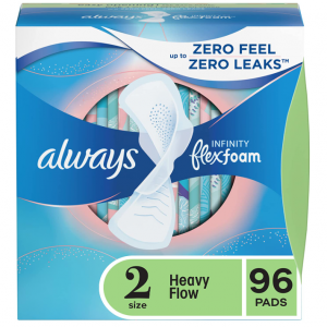 Always Infinity Feminine Pads For Women, Size 2 Heavy Flow Absorbency, 32 Count x 3 Packs @ Amazon