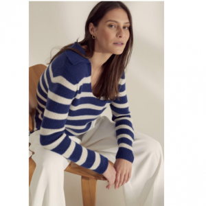 42% Off Cashmere Open Collared Sweater in Midnight Blue Stripe @ Loop Cashmere UK