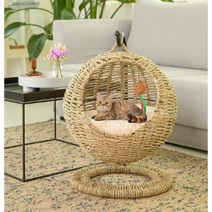 YoSpot Hand Made Wicker Cat Bed Basket Swinging Pet House Nest for Small Dog Cat with Cushion