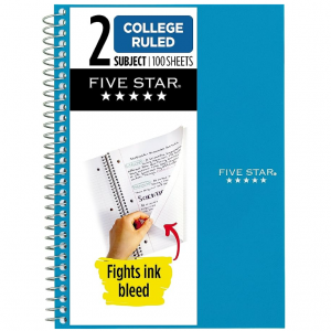 Five Star Small Spiral Notebook, 2 Subject 9-1/2" x 6", 100 Sheets @ Amazon