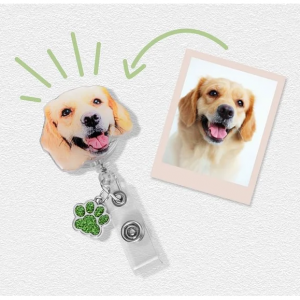 Personalized Painting Style Pet Portrait Badge Reel with Glitter Paw Print Charm @ Callie 