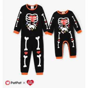 爱心小熊兄弟姐妹万圣节夜光人物印花长袖套装