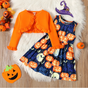 2件套幼儿女孩万圣节字母南瓜印花无袖连衣裙和荷叶边开衫套装