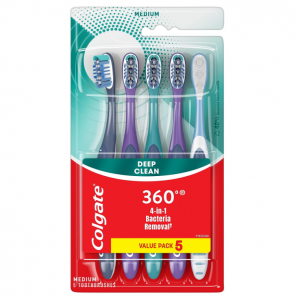 Colgate 360 Whole Mouth Clean Toothbrush, Adult Medium Toothbrushes, 5 Pack @ Amazon