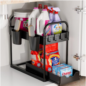 GEMWON Under Sink Organizer, 2 Tier Sliding Bathroom Organizer Cabinet Storage with Hooks @ Amazon