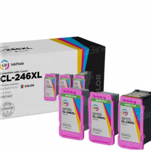 123Inkjets - LD InkPods™ 墨盒替換件，適用於佳能 CL-246XL 彩色（3 件裝，帶 OEM 打印頭），直降$17