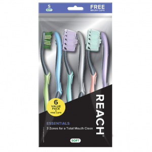 Reach Essentials Toothbrush with Toothbrush Caps, Tongue Scraper, 6 Count @ Amazon