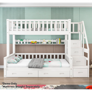 MASON TAYLOR 双层床框架实心松木安全栏大储物空间 - 白色（8 周内发货）