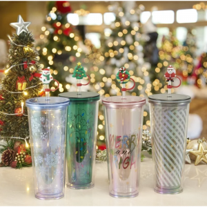 Holiday Time Christmas 4pk 26oz DW Tumbler with Figural Straw, Multi-color @ Walmart