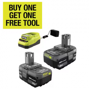 RYOBI ONE+ 18V Lithium-Ion 4.0 Ah Battery (2-Pack) and Charger Kit @ Home Depot