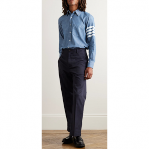 THOM BROWNE Button-Down Collar Striped Cotton-Chambray Shirt