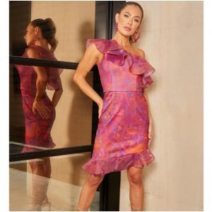 50% Off One-Shoulder Ruffle Floral Print Bodycon Mini Dress in Pink @ Chi Chi London
