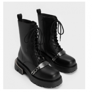 49% Off Selma Metallic Accent Lace-Up Boots - Black @ Charles & Keith UK