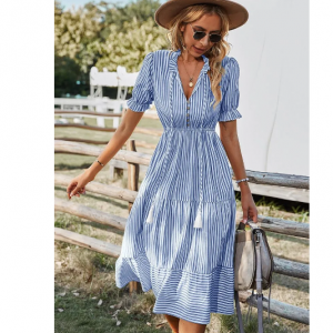 Women Elegant Striped Lantern 长裙