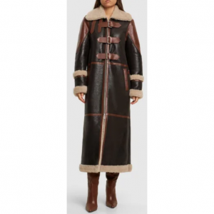 Blumarine Leather shearling long coat w/ buckles