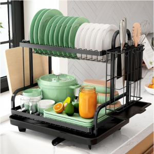 Kitsure 2層不鏽鋼碗碟架，帶砧板架、餐具架和排水盤 @ Amazon
