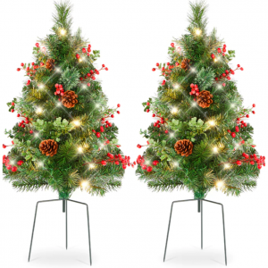 Set of 2 Pre-Lit Pathway Christmas Trees w/ Pine Cones, Timer - 24.5in @ Best Choice Products