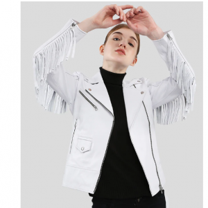 NYC Leather Jacket Layla White Fringe Biker 皮革夹克