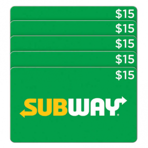 Subway $15 电子礼卡5张 (总值$75) @ Costco