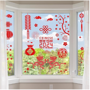 Chinco 9 Sheets Chinese New Year Window Clings Removable Lunar New Year Stickers Ornaments Red Pap
